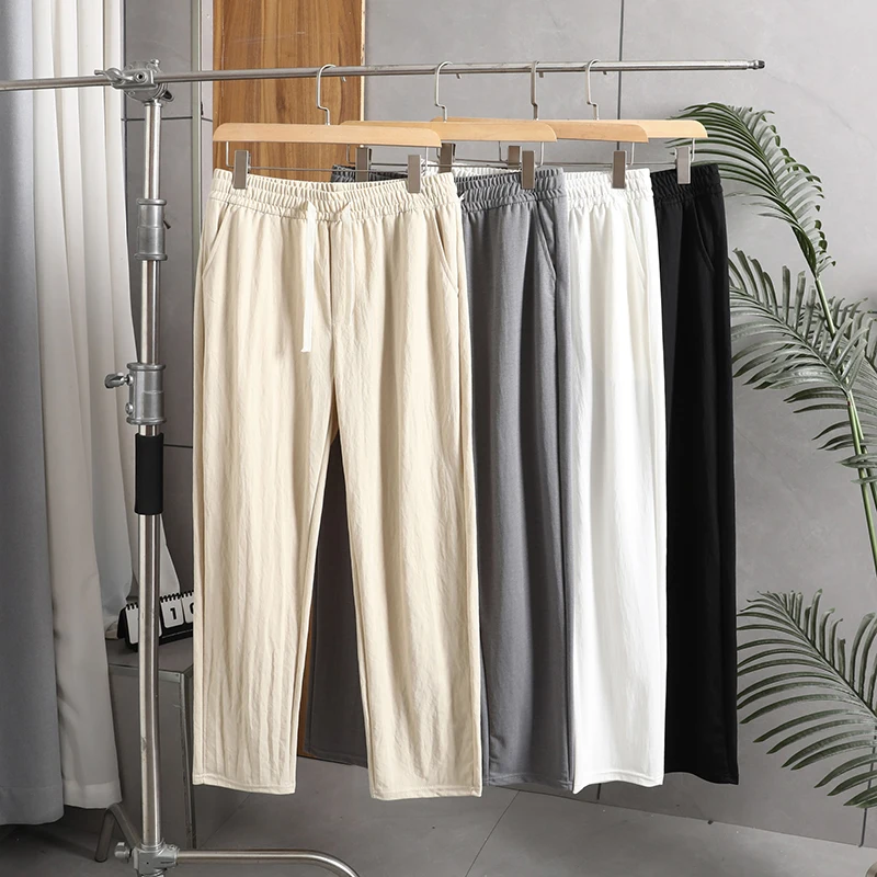 

Летние тонкие брюки из хлопково-льняной смеси с эластичной талией, прямые, повседневные, мужские, свободного кроя, модные, городские, однотонные
