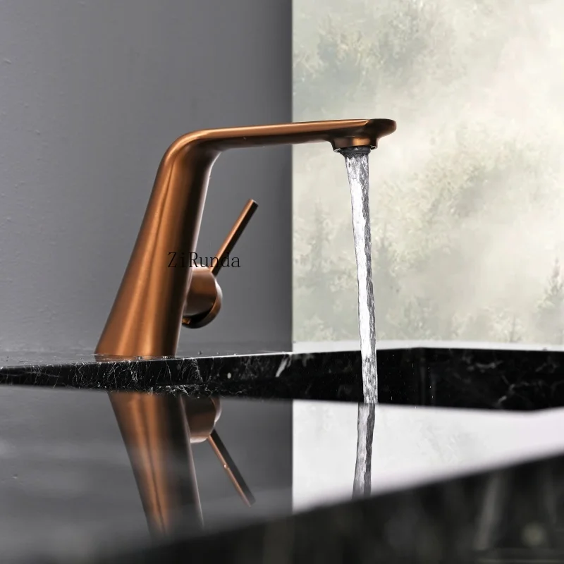 صنبور حوض ذهبي وردي مصقول، خزانة حمام، مياه ساخنة وباردة، جميع صنبور ثقب واحد من النحاس #6