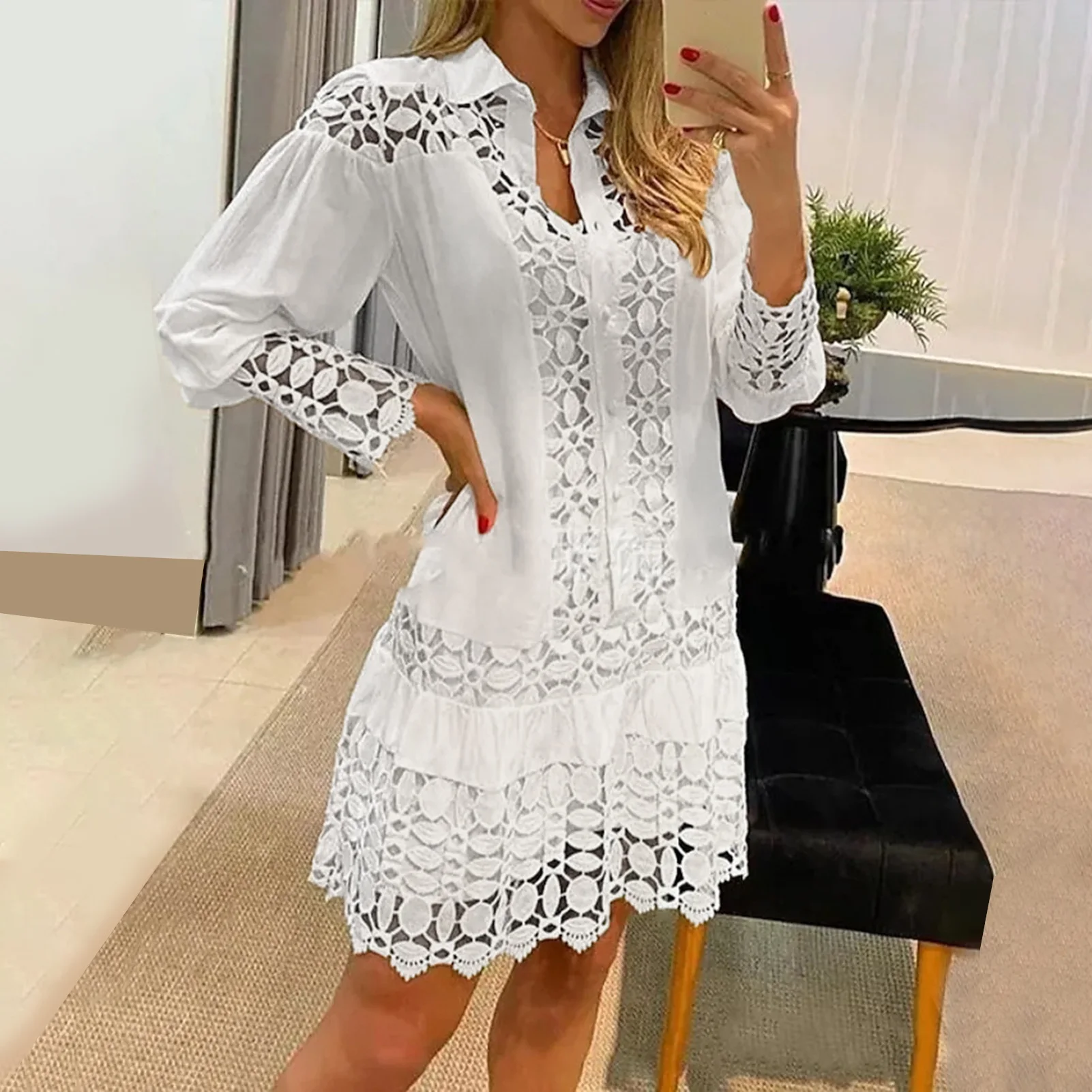 

Stretchy Women Dress Elegant Lace V Neck Party Dress Floral Embroidery Double Layers Knee Length Plus Size Prom Banquet Midi