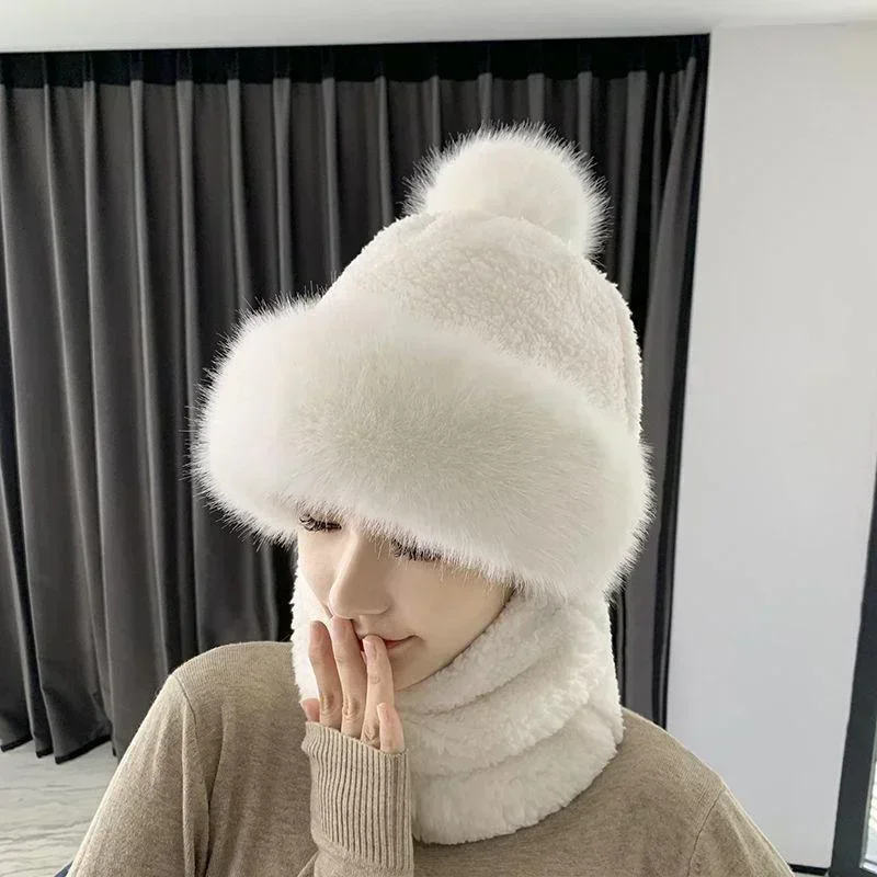 New Scarf Integrated Hat 2-in-1 Women\'s Thickened Double Layer Warm Plush Hat Scarf Children\'s Winter Cold Neck Warm Hat