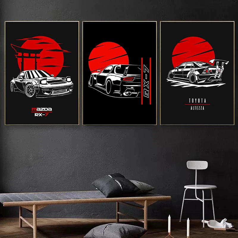 Japanese Car Nissan Skyline R34 Poster 80s Vintage GTR Car Mazda RX7 JDM Retro Wall Art Picture Canvas Painting Home Decoration