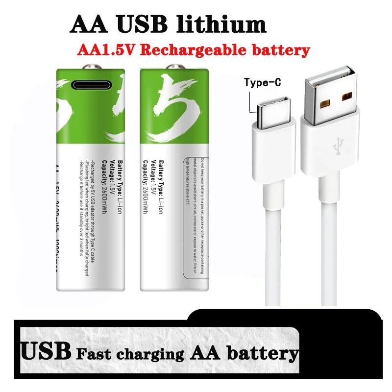 

Original 1.5V AA USB Rechargeable Battery 2600mwh Li-ion Battery for Remote Control Mouse Electric Toy Battery + Type-C Cable