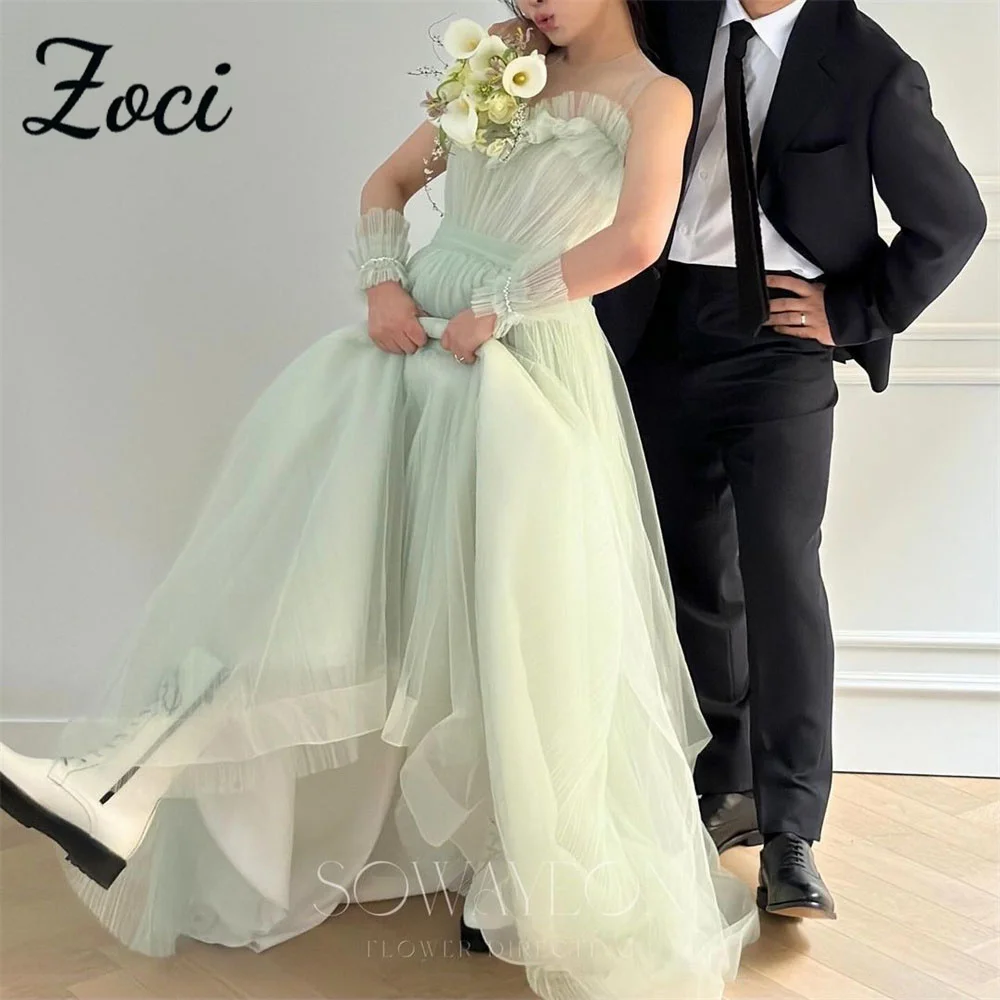 

Zoci Mint Green Korea Wedding Party Dresses PLeats Ruffles Photos Shoot Bridal Gown Sleeveless Backless Fairy Reception Gown