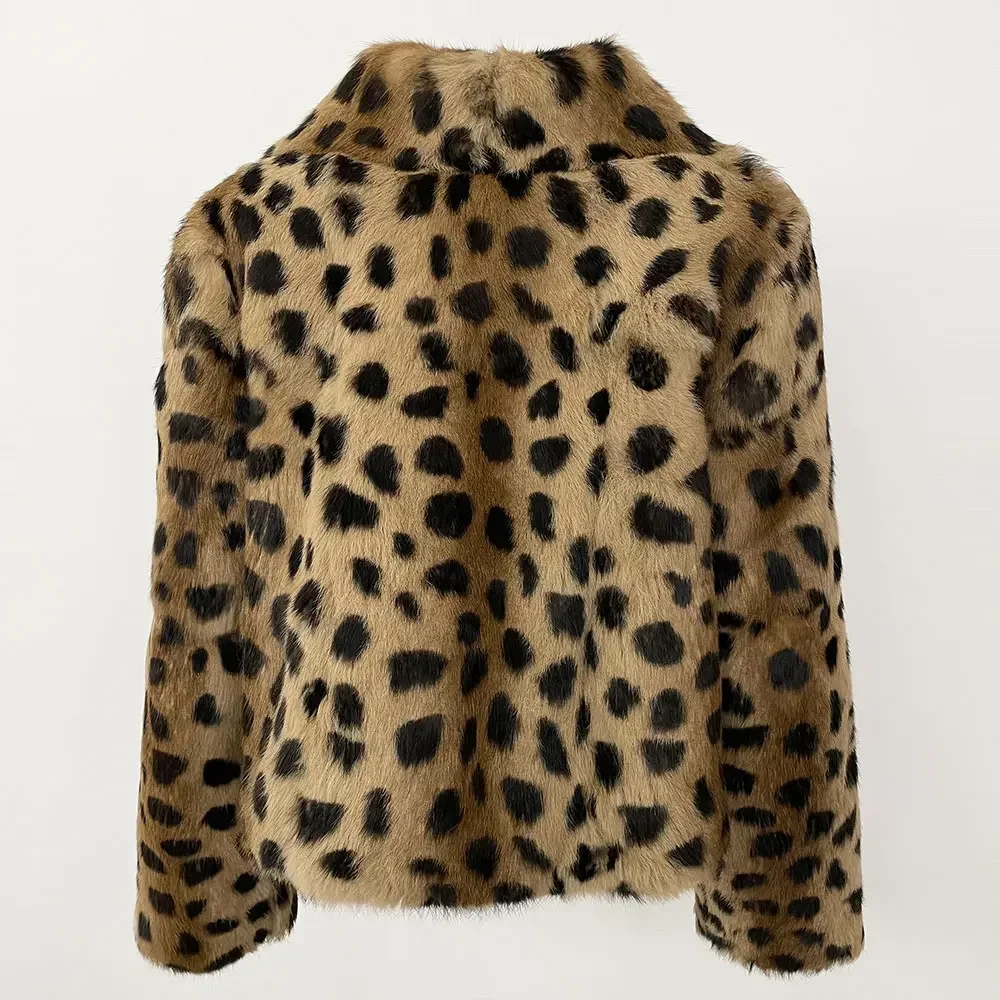 Mulheres street wear leopardo elegante real natural casaco de pele de coelho jaqueta de inverno grosso quente nova moda turn-down colarinho outerwear