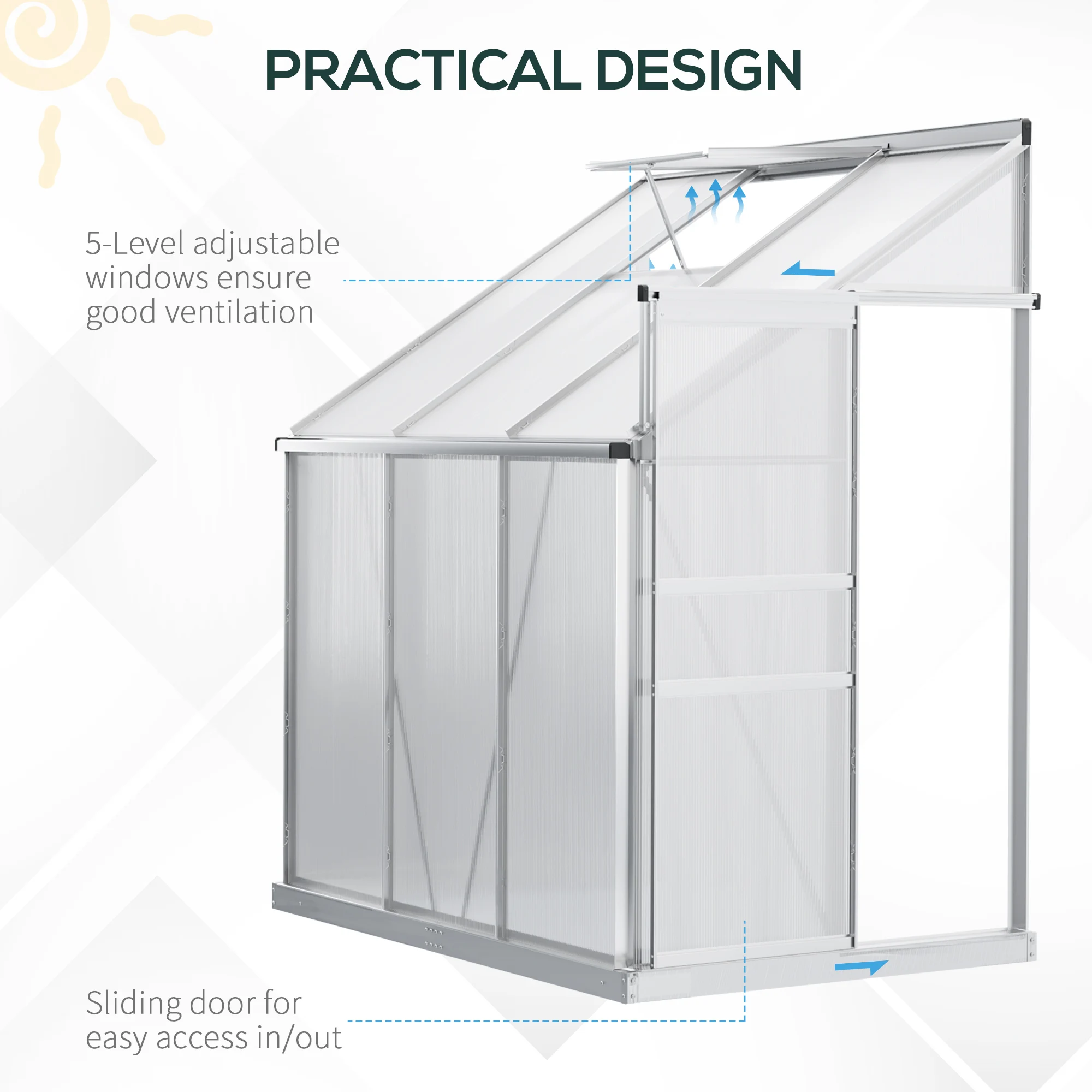 6 X 4ft Lean to Polycarbonate Greenhouse for Garden W/ Adjustable Roof Vent