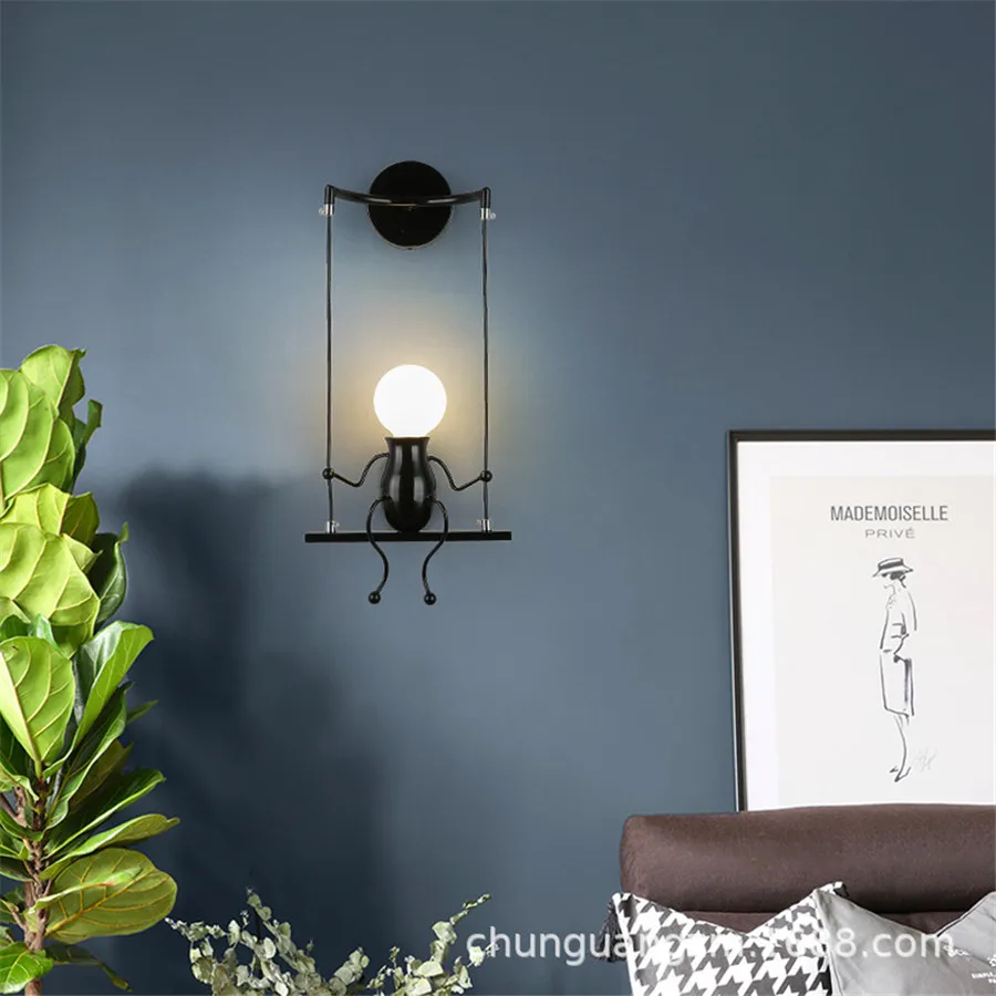 Modern Creative LED Wall Lamp Cartoon Little Men Robot Sconce Lamps Metal Small Iron Doll Wall Lights For Kids Baby\'s Room Decor