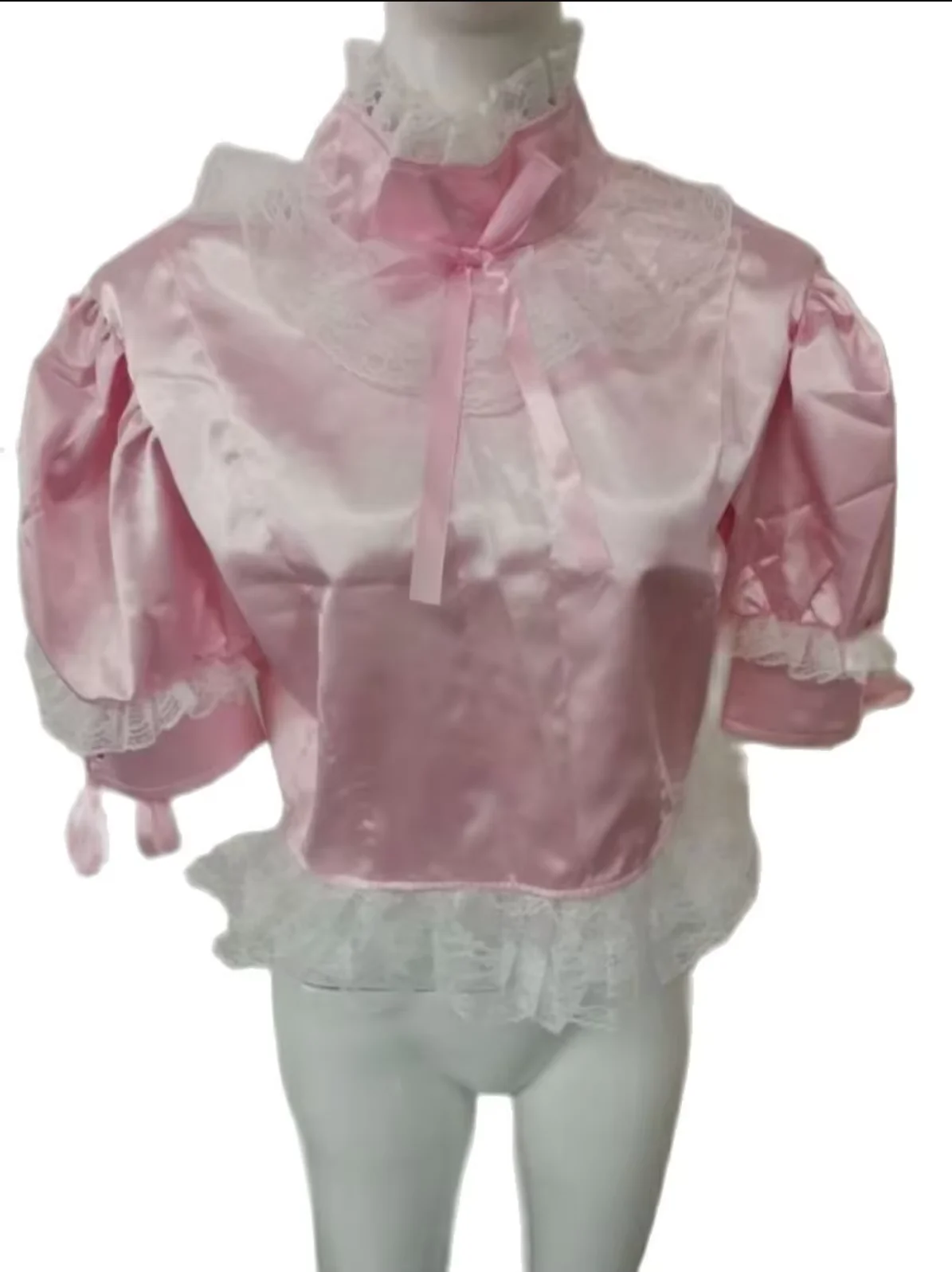 Pink Satin Medium High Neck Fluffy Bubble Sleeve Top With Sexy Ribbon Drawstring Can Be Customized In Multiple Colors