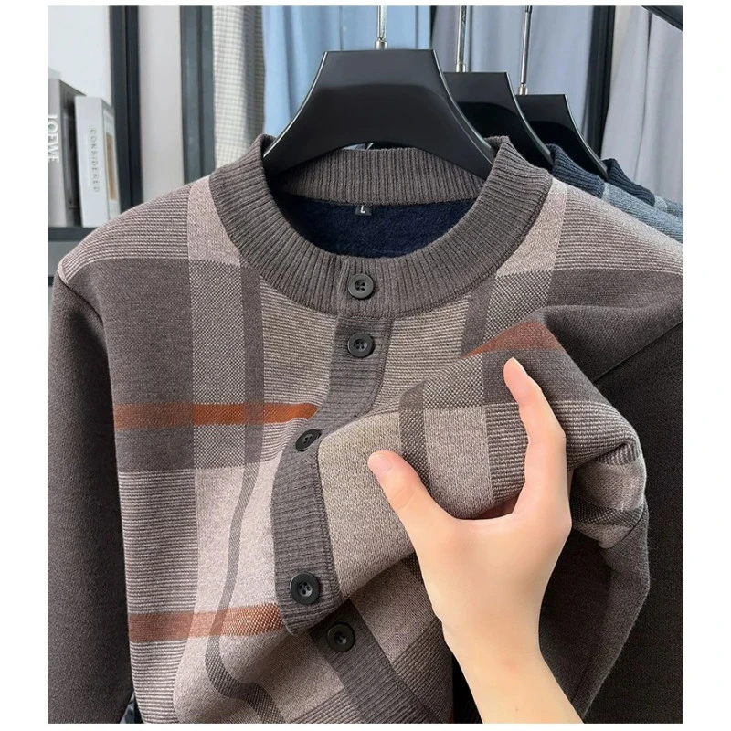 New Mens Thickened Sweater Coat Fleece Cardigan Plaid Round collar Sweaters Coat Autumn Winter Velvet Clothes