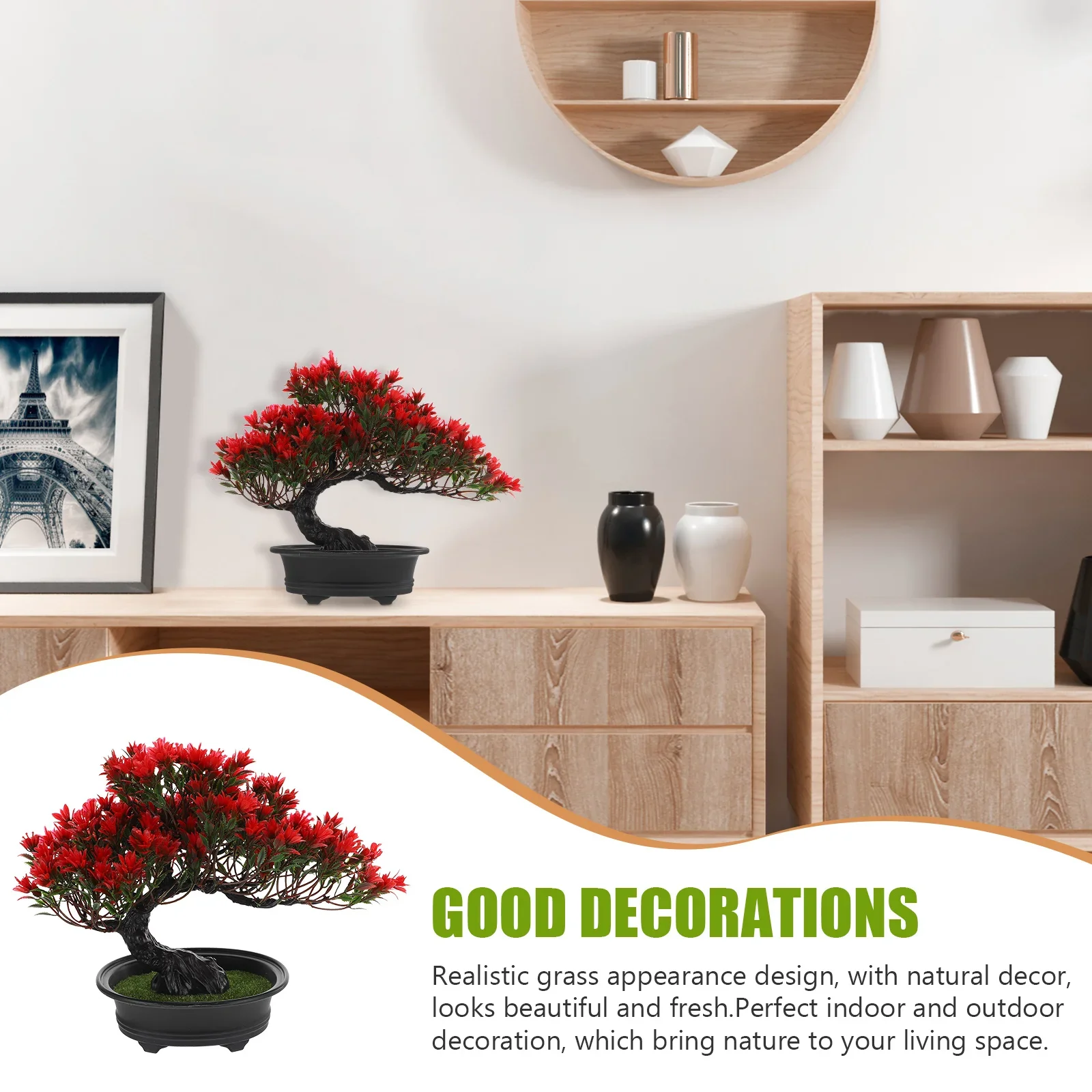 Realistischer künstlicher Miniatur-Bonsai-Baum aus roter Kiefer, immergrüne, pflegeleichte Kunstpflanze für die Dekoration von Schreibtischen und Regalen im Büro oder Zuhause. – Detail 23