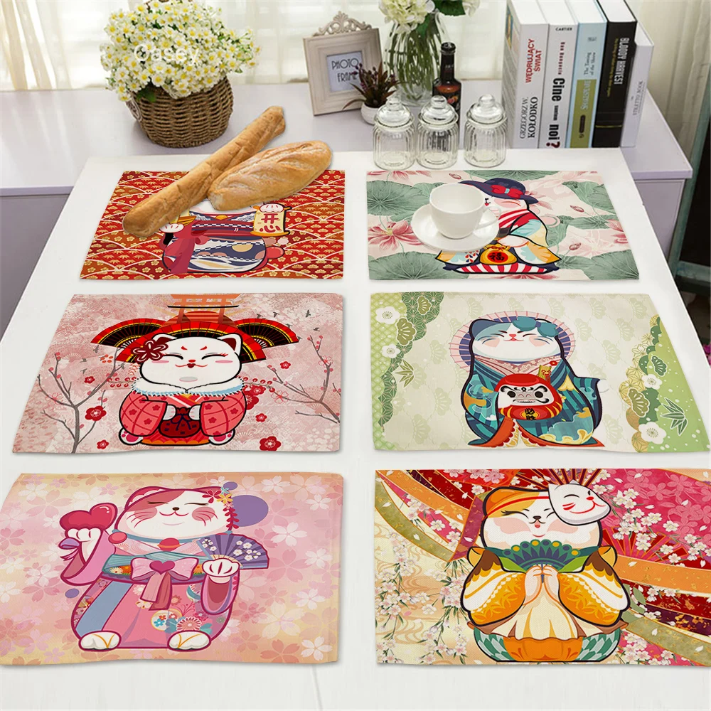 Japanese Lucky Cat Placemat MaNeKiNeKo Kitchen Decor Linen Dining Table Mats Coaster Pad Bowl Coffee Cup Mat Tablecloth 40X30cm