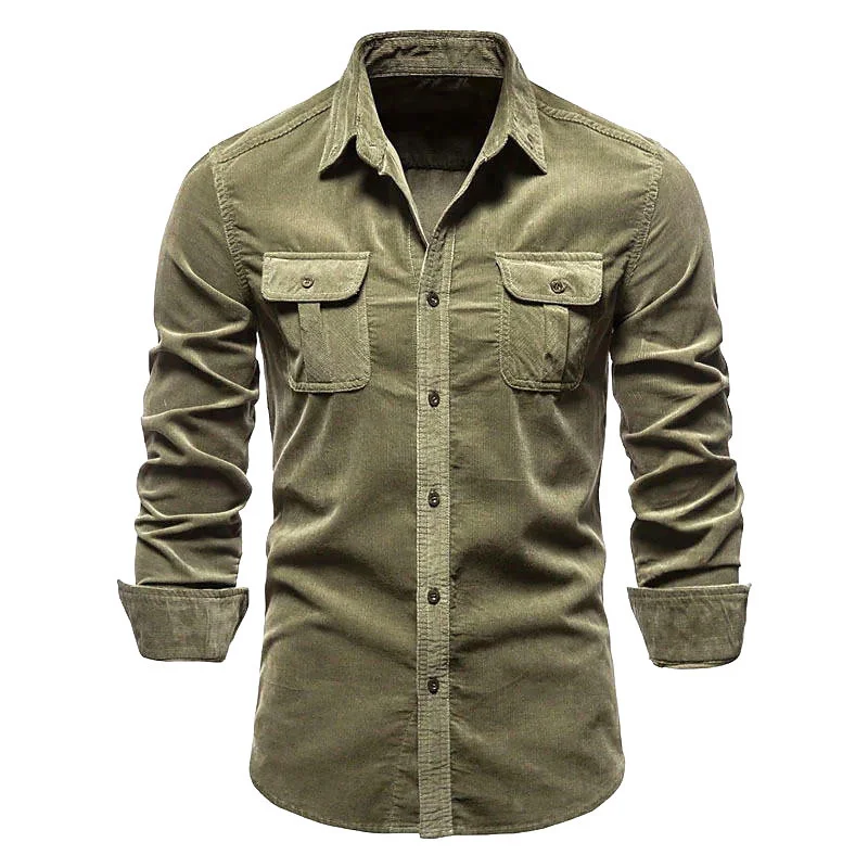 

Autumn Slim Social Shirt Men New Single Breasted Luxury 's Business Casual Fashion Solid Color Corduroy s Tops