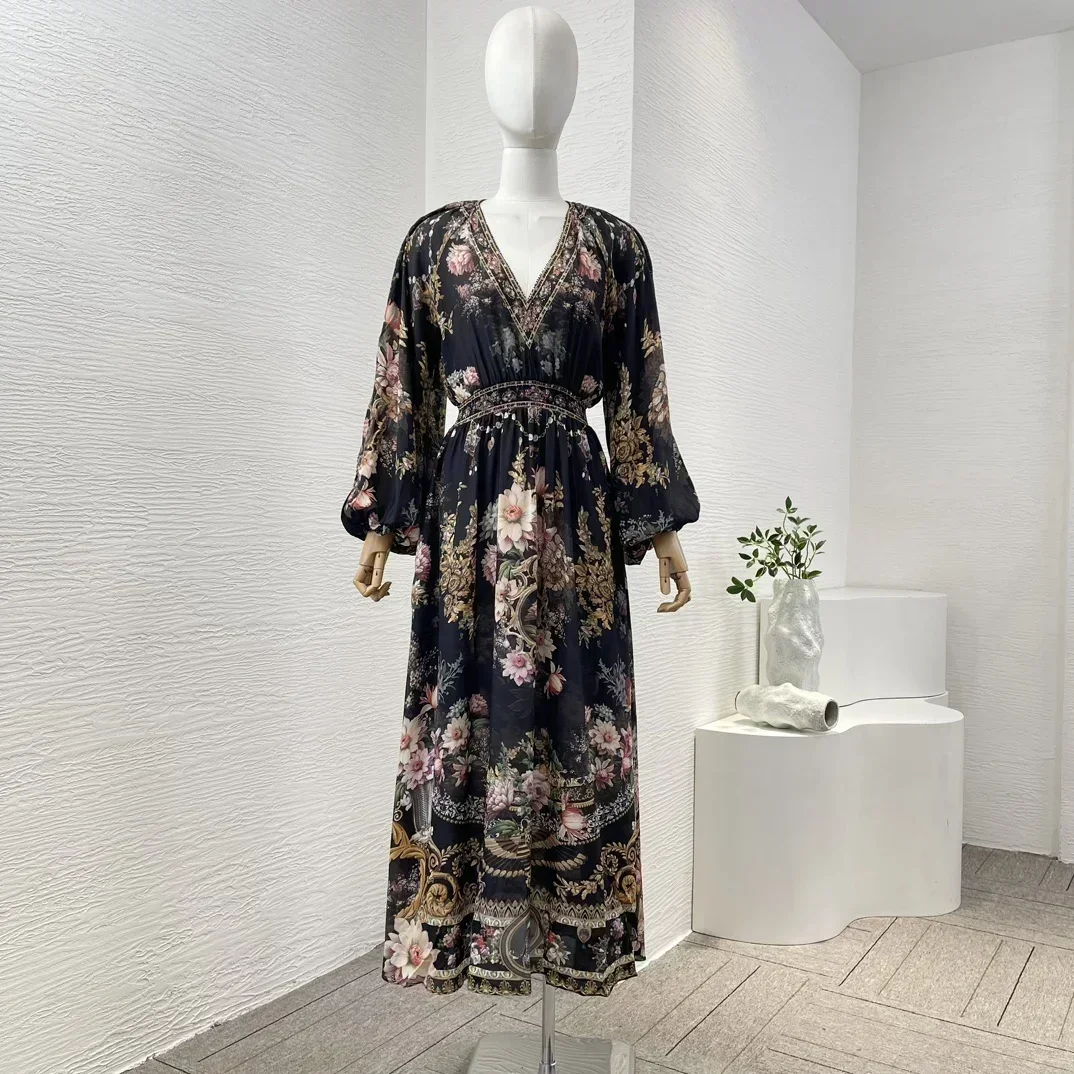 Black Floral Print Women Full Lantern Sleeve Shirred V-neck High Quality Silk Midi Dress for Holiday 2024 New Arrival