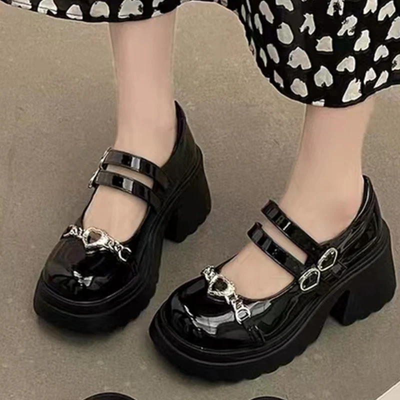 Heart Metal Decoration Womens Mary Janes Pumps String Bead Double Heart Buckle Thick Bottom Shoes Soft Square Heel Lolita Shoes