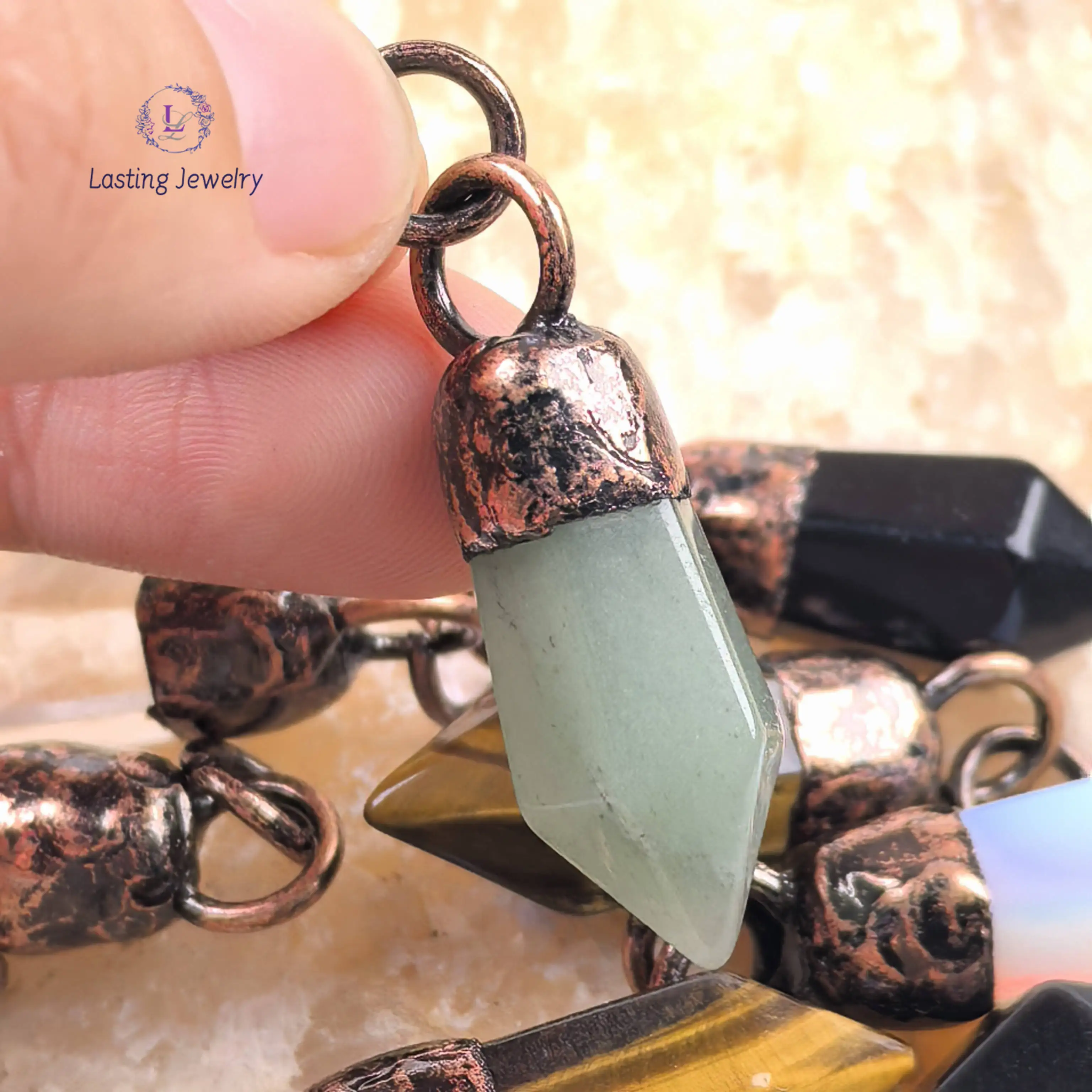 العتيقة النحاس سداسية نقطة الأحجار الكريمة المعلقات ، الريكي كريستال سبج عين النمر البندول المعلقات عقد بطرا عتيق لتقوم بها بنفسك مجوهرات