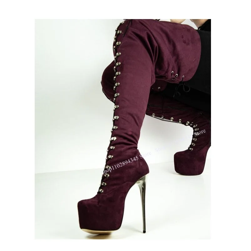 Wine Red Lace Up Platform Boots Thin High Heel Over Knee High Fashionable Sexy Cool Winter Big Size Woman Shoes Zapatillas Mujer