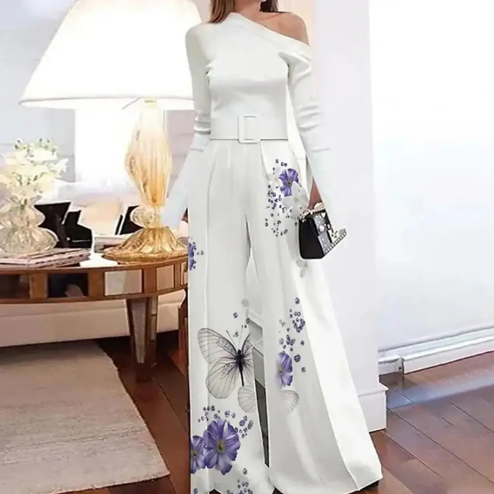 

Elegant Lady Romper Long Sleeve Floor Length Breathable Butterflies Print Oblique Neck Wide Leg Banquet Jumpsuit Female Clothing