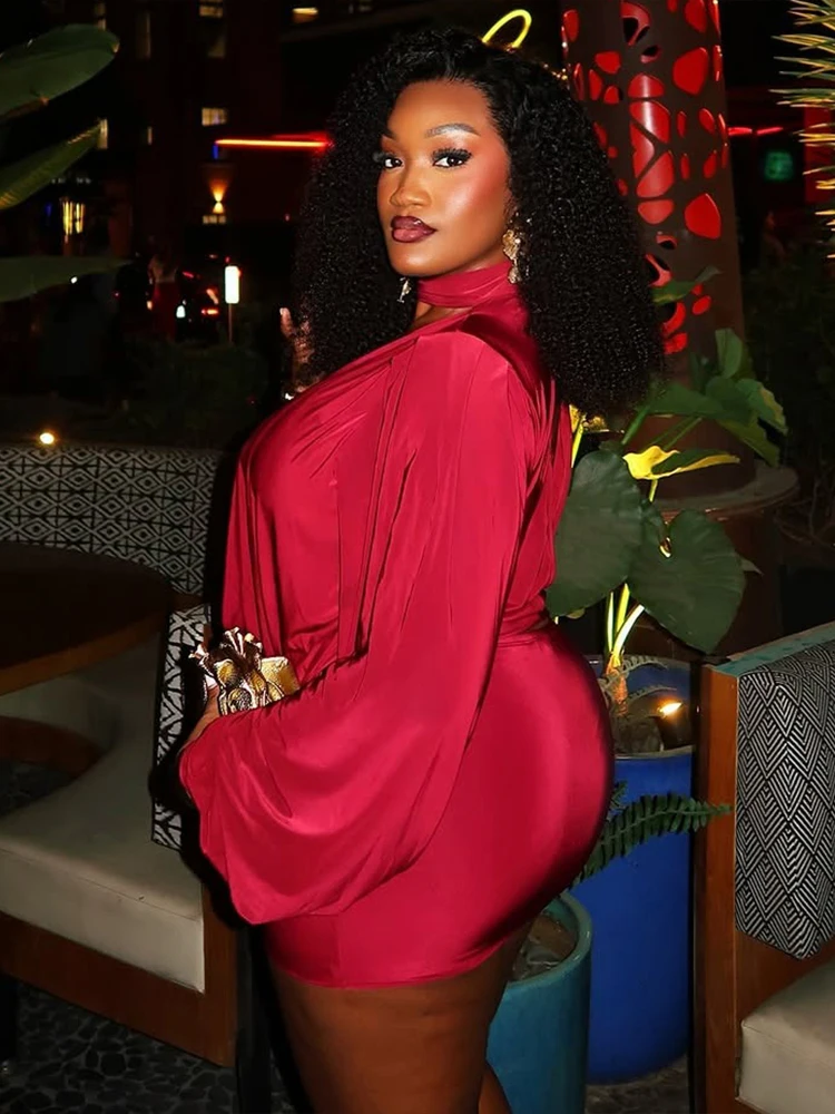 Cutenew col pivotant dos nu robe femmes Sexy bas poitrine écharpe bouton lanterne manches pêche hanche élégant Stretch mince moulante