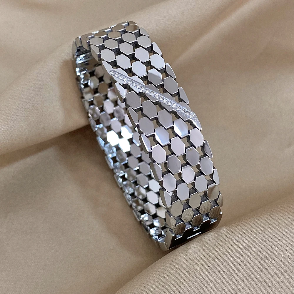 Vintage Stainless Steel Rhinestones Bracelet Bangle Fashion Multiple Row Geometric Polygon Bracelet Wristband Waterproof Jewelry