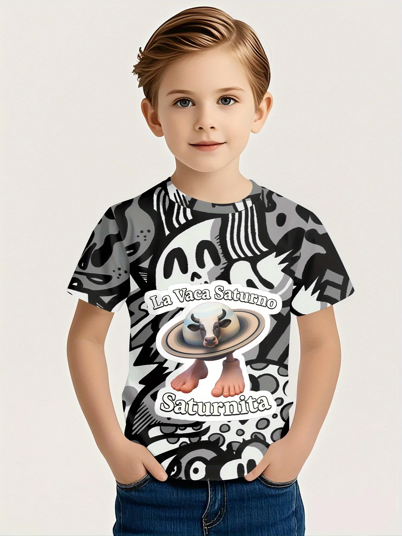 Boys La Vaca Saturno Graphic T-Shirt, Black White Graffiti Background Saturn Cow Kids Short Sleeve Tee
