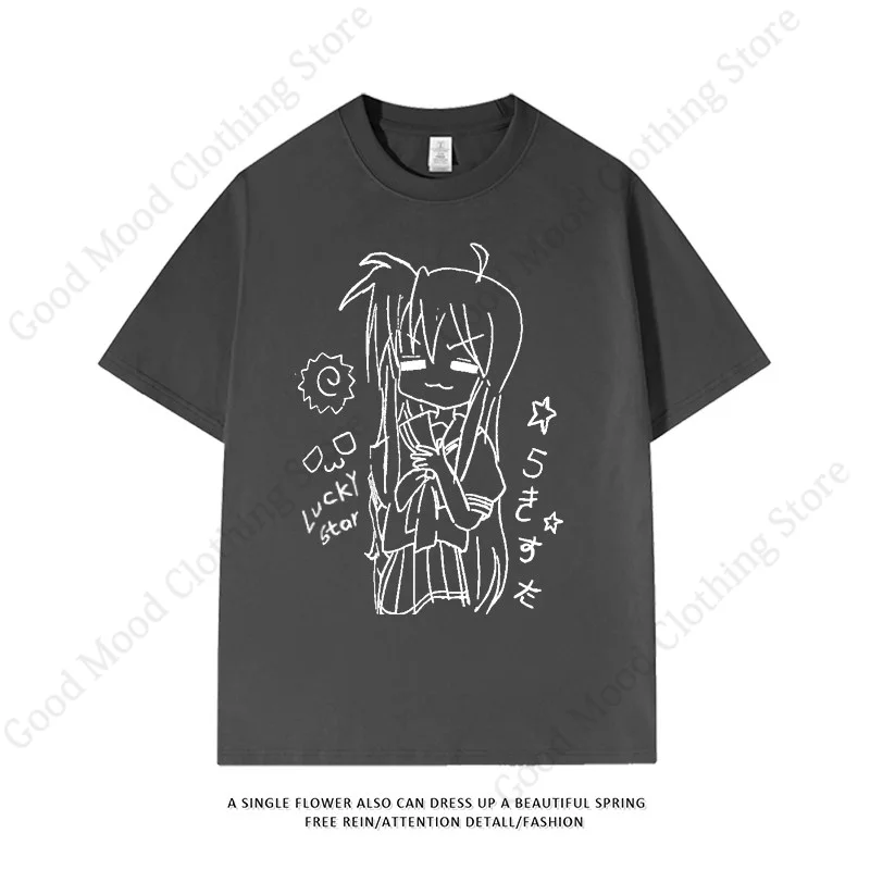 Lucky Star T‑Shirt Fashion Cartoon Izumi Konata Graphic Short Sleeve Tee Tops Lucky Star Merch Women Men Casual Cotton T Shirt