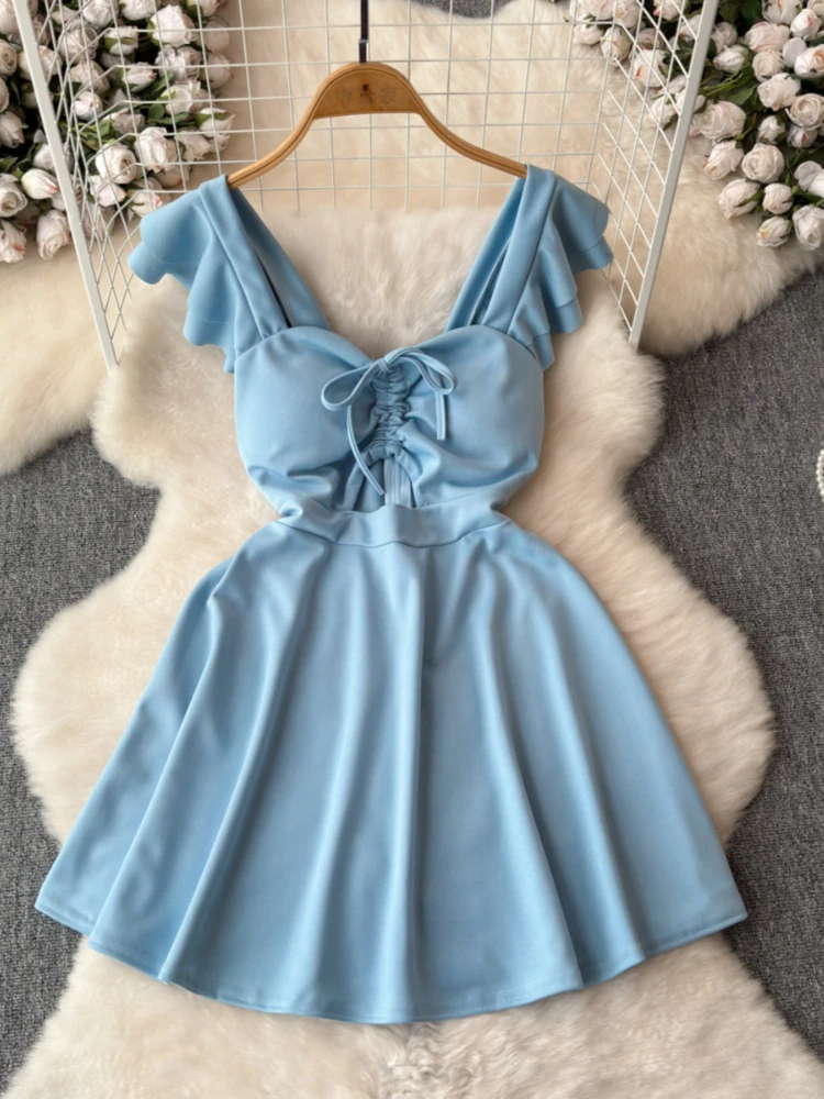 Foamlina seksowna klubowa sukienka damska modna solidna z koronkowym dekolt w szpic wycięty z latającym rękawem wysoka talia letnia krótka sukienka