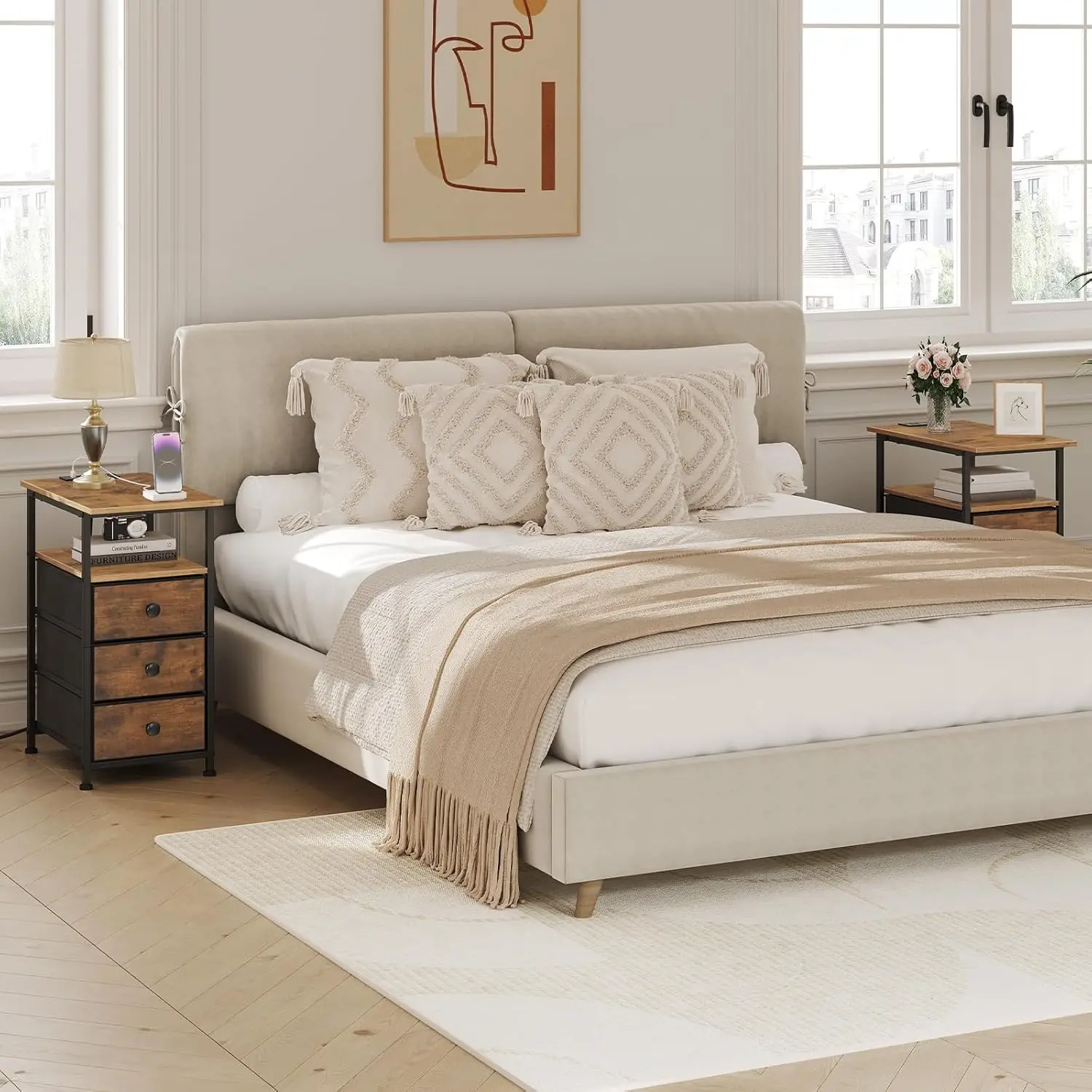 

Narrow Side Table with Charging Station and 3 Fabric Drawers, Rustic Brown & Black