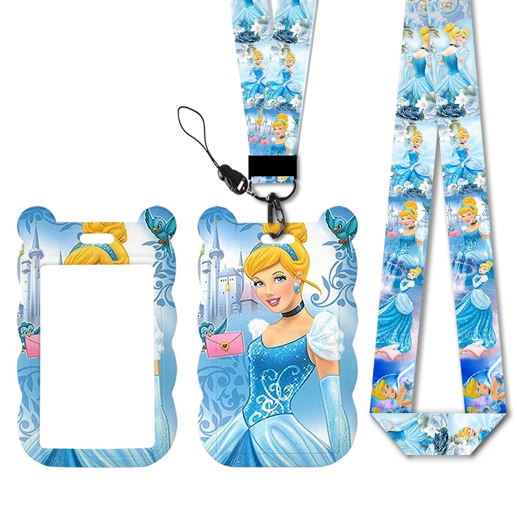 Cordón con diseños de princesa Cenicienta de Disney, soporte para tarjeta de identificación, correa para tarjeta de trabajo, tarjetero de acceso para autobús, llaveros, accesorios