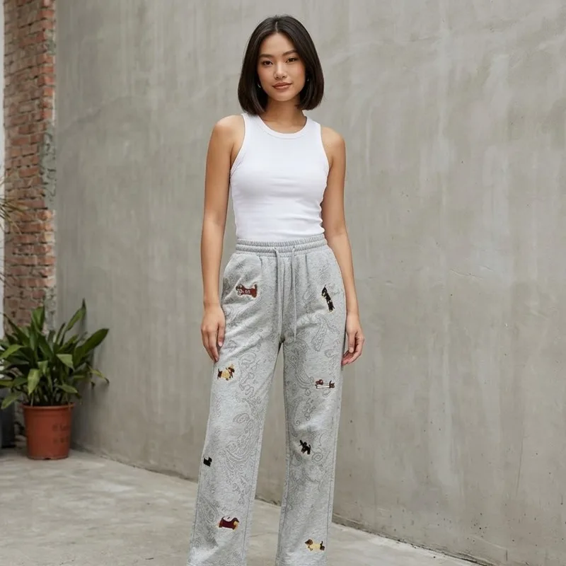 Casual Women Straight Leg Printed Decorative Pants High Waist Loose Dachshund Trousers Streetwear Office Weekend Fashion