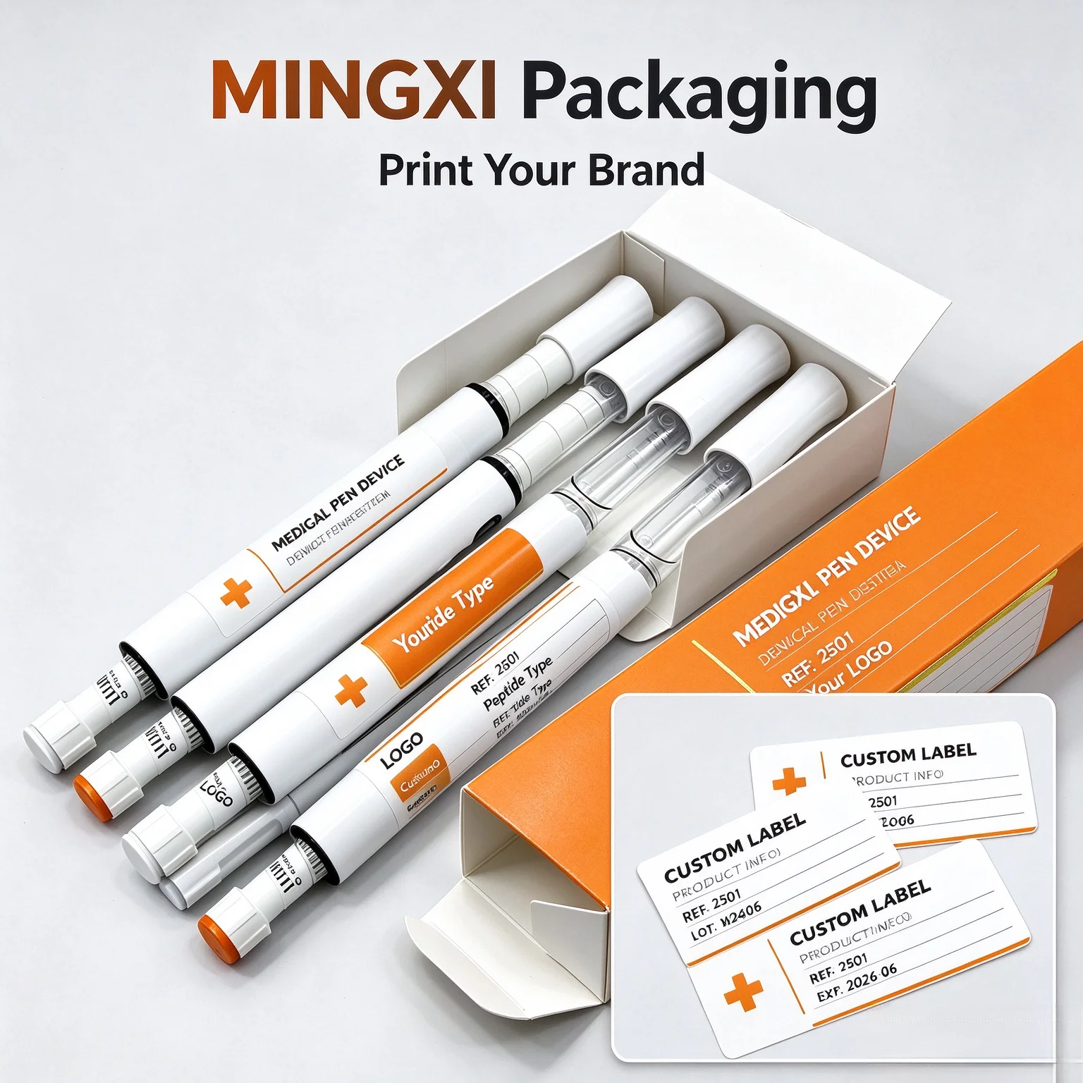 Custom Injectable Pen Label Stickers Waterproof Vinyl Peptide Labels Matching Boxes Free Design Custom Logo Packaging