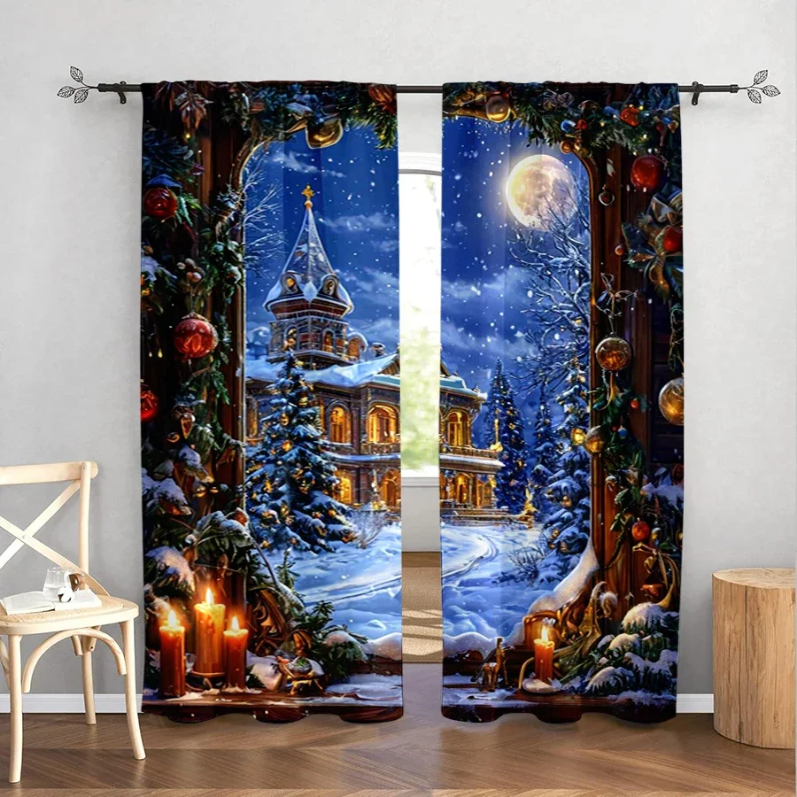 2PCS Christmas Castle Window Curtains, Magical Snowy Night Moon Candle Scene, Fairy Tale Holiday Window Drapes for Bedroom