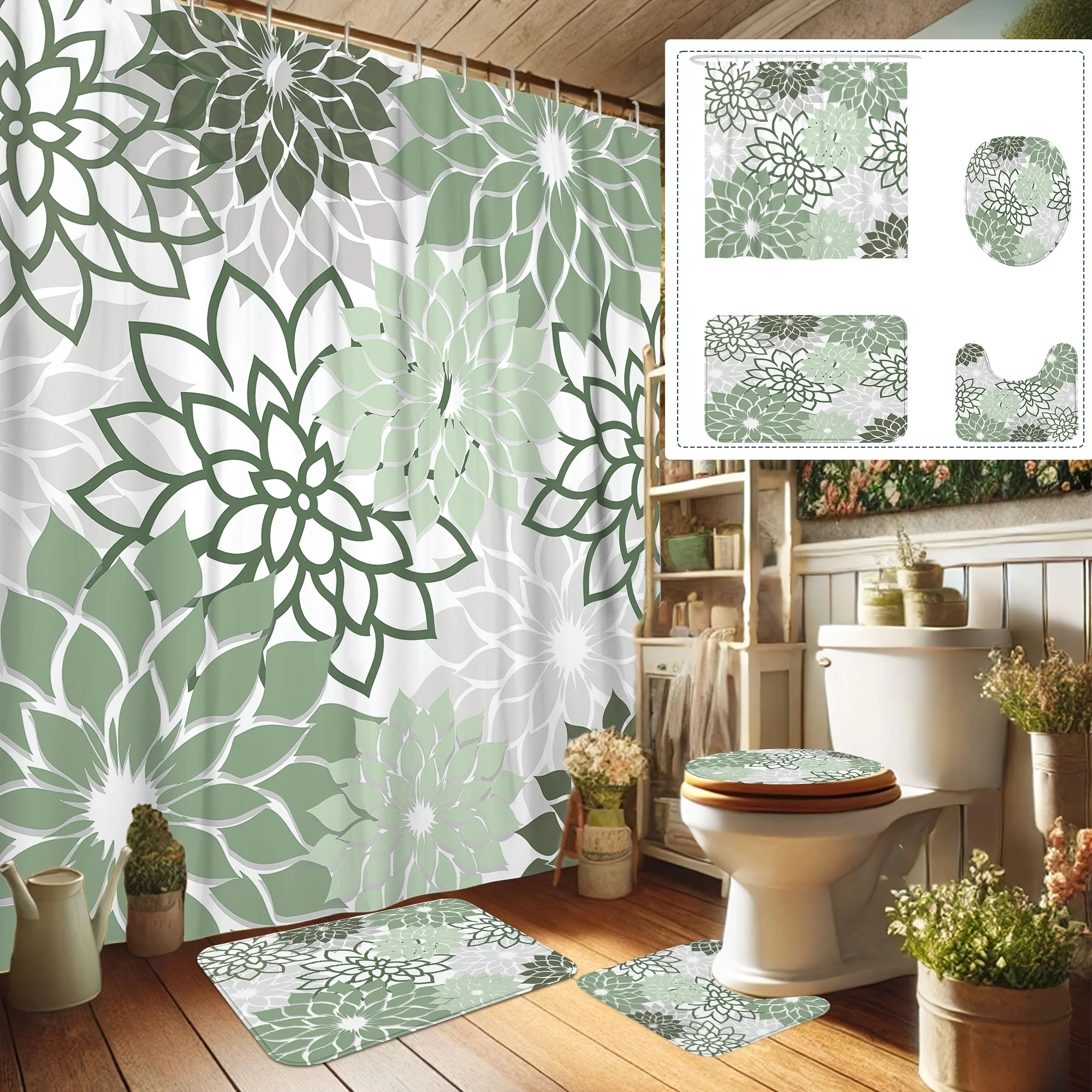 

Набор для ванной комнаты с зеленым цветочным принтом, 4 шт., полиэфирная ткань, можно стирать в машине, нескользящий коврик, U-образный коврик, коврик для сиденья унитаза, занавеска для душа