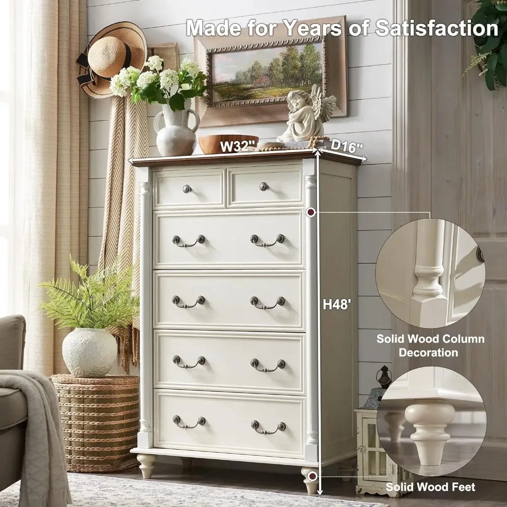 Farmhouse 2/6/7 Drawers Dresser Chests for Bedroom,4 Solid Wood Feet & Column Decor, Tall Wood Country Drawers, Living Room