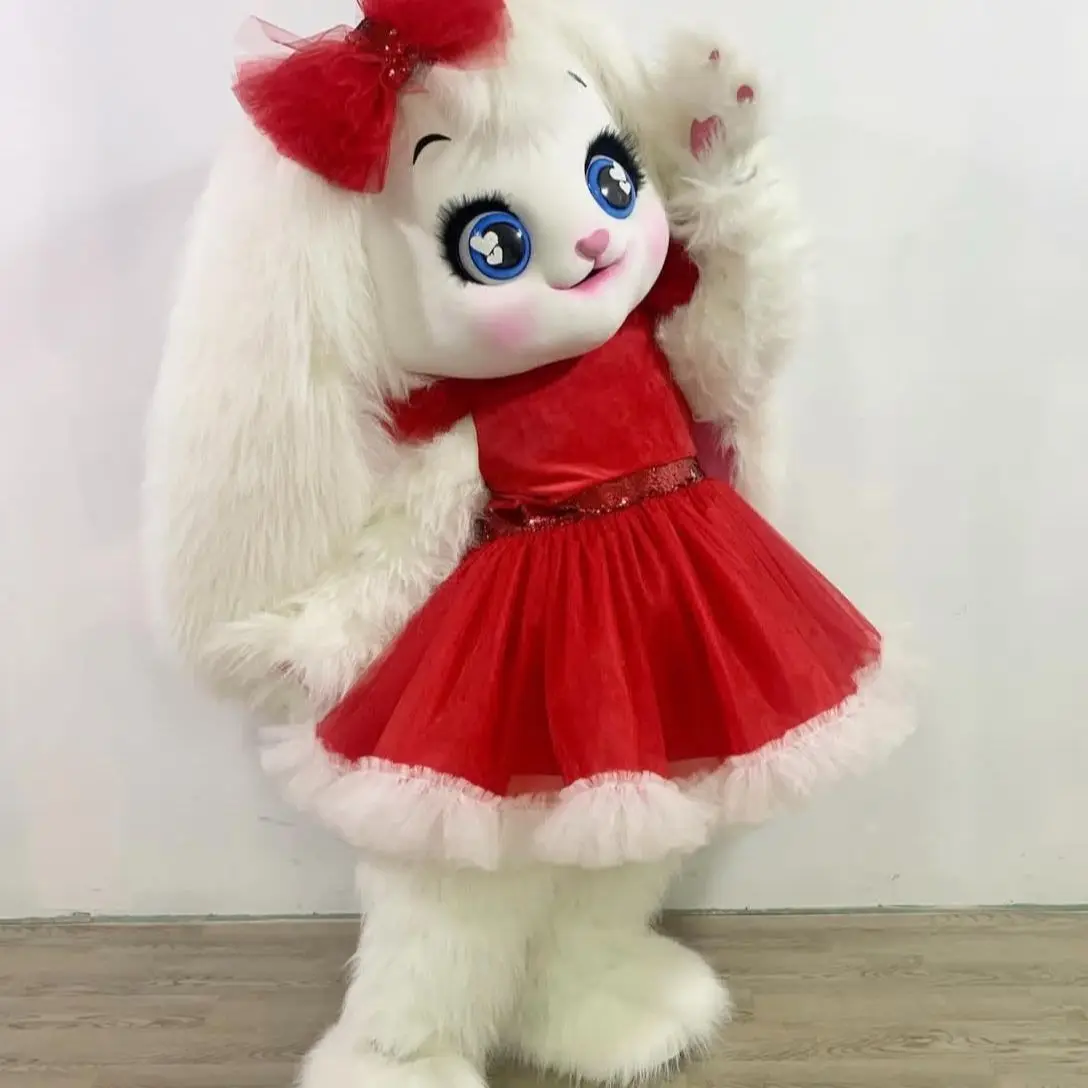 لطيف الأبيض الأرنب زي التميمة مع فستان آذان طويلة الأرنب المشي ملابس دمى هالوين عيد الميلاد ملابس تنكرية