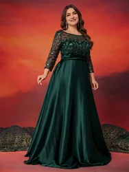 Lucyinlove Plus Size O-neck Elegant Green Sequin Evening Dress Luxury Long sleeve Women Satin  Party Dress Prom Cocktail Dresses