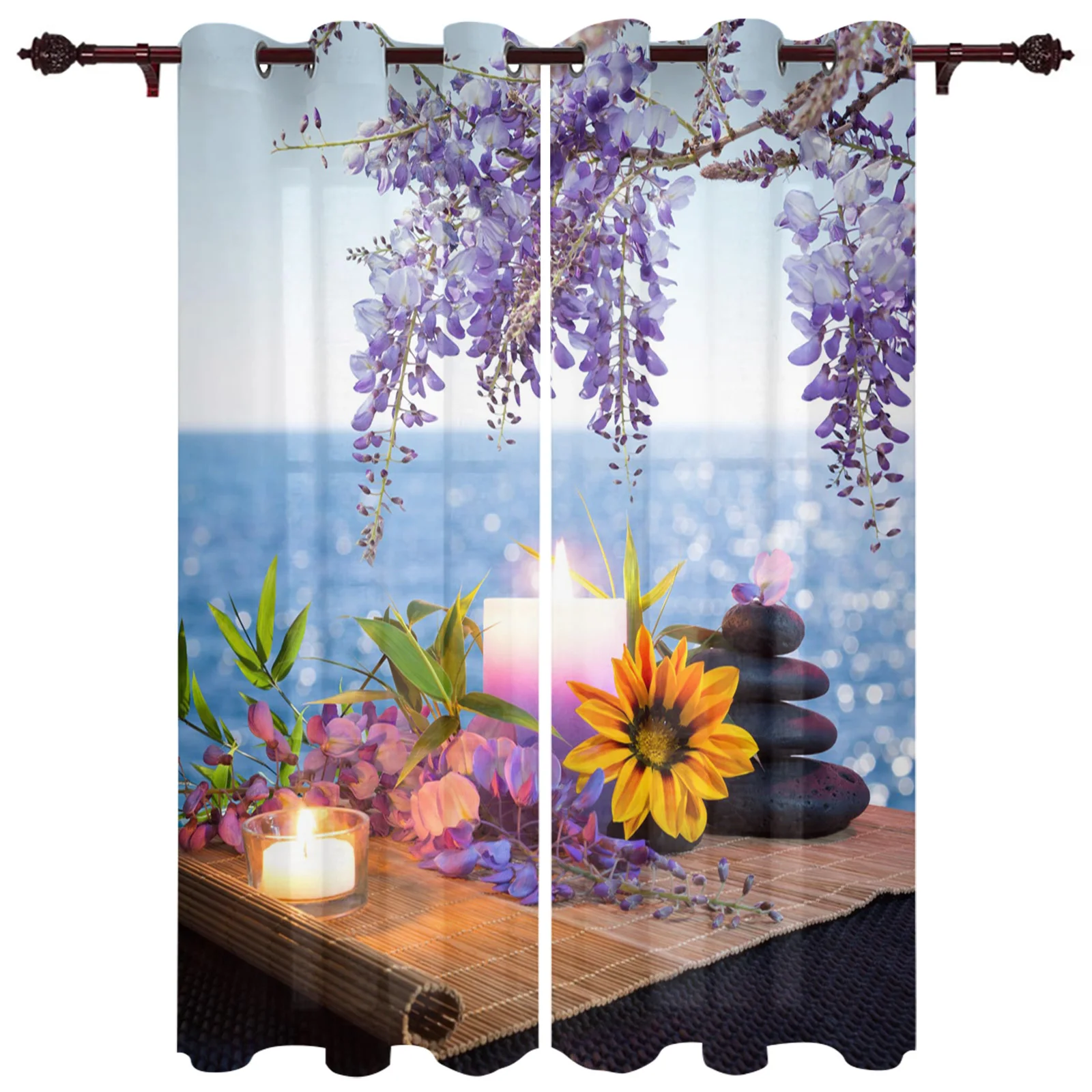 Wisteria Sea Bamboo Lamp Candle  Window Curtains for Living Room Bedroom Kitchen Window Treatments Valance Home Decor Drapes