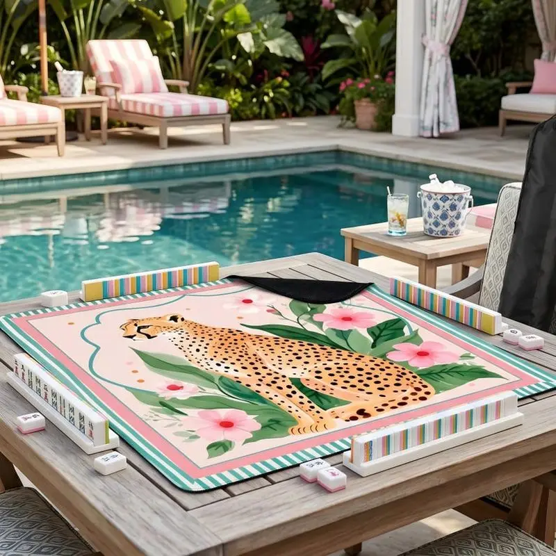 VIKAMA Macaron Pink Leopard Floral Mahjong Mat Striped Edge Non Slip Outdoor Party American Poker Mahjong Pad