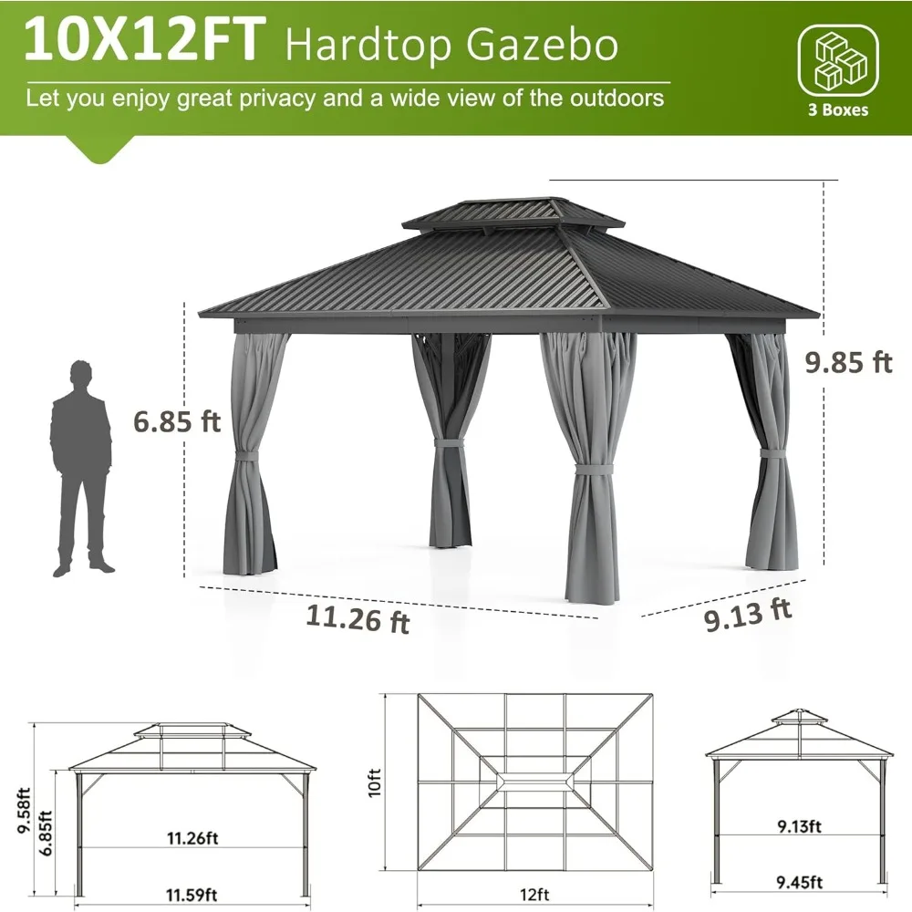 Gazebo de tapa dura de 10x12 pies con marco de aluminio, cenador de doble techo de acero galvanizado con redes y cortinas, cenador permanente