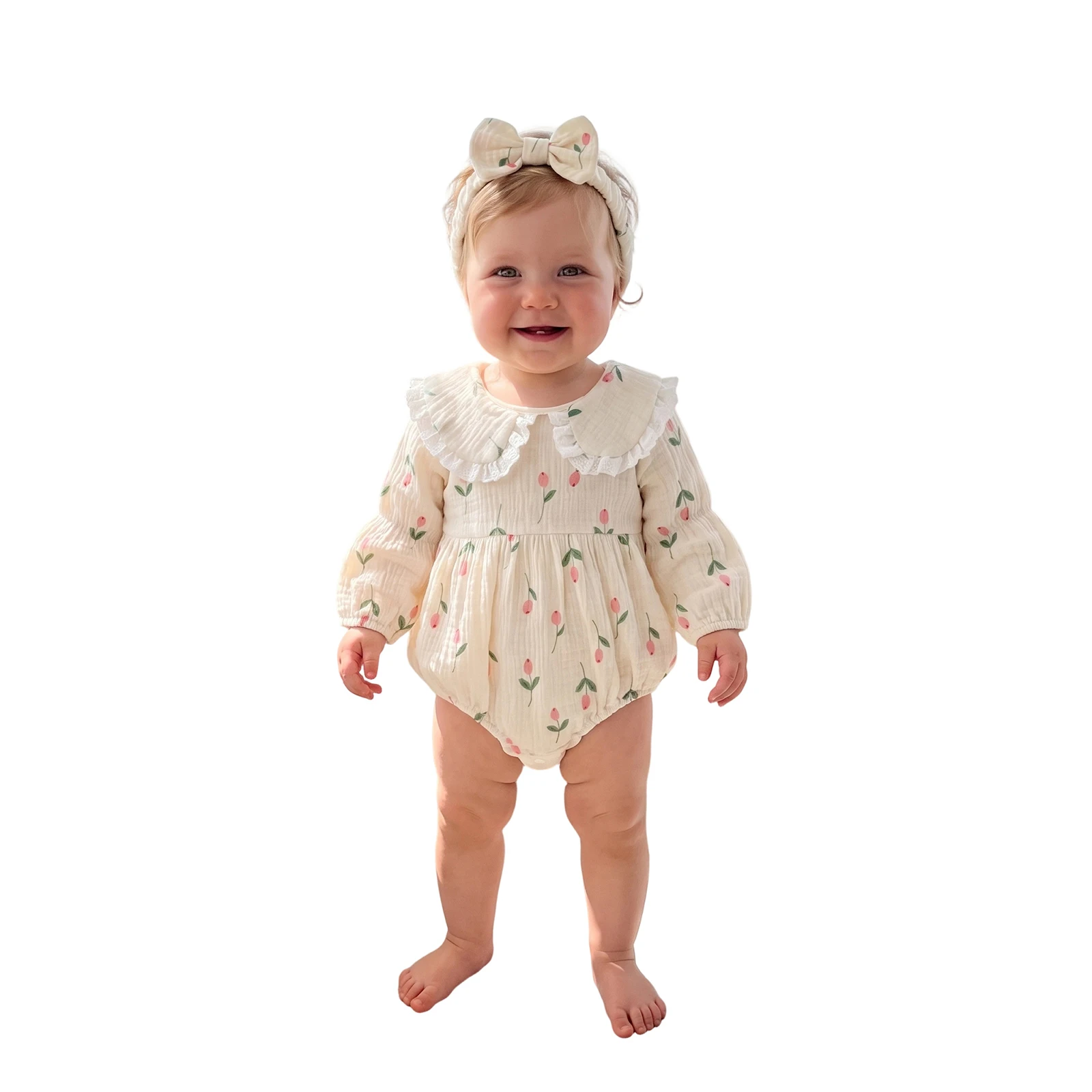 Infant Baby Girls Floral Romper Long Sleeve Fall Jumpsuit with Headband
