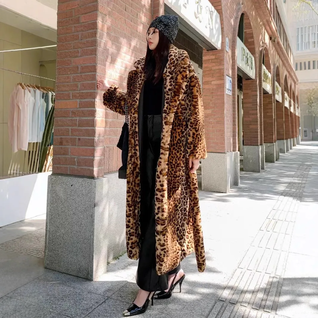 Woman Faux Fox Fur Leopard Printed Coat Imitation Mink Fur Trench Jacket Rabbit Fur Long Suits Collar Parka Belted Cardigan Tops