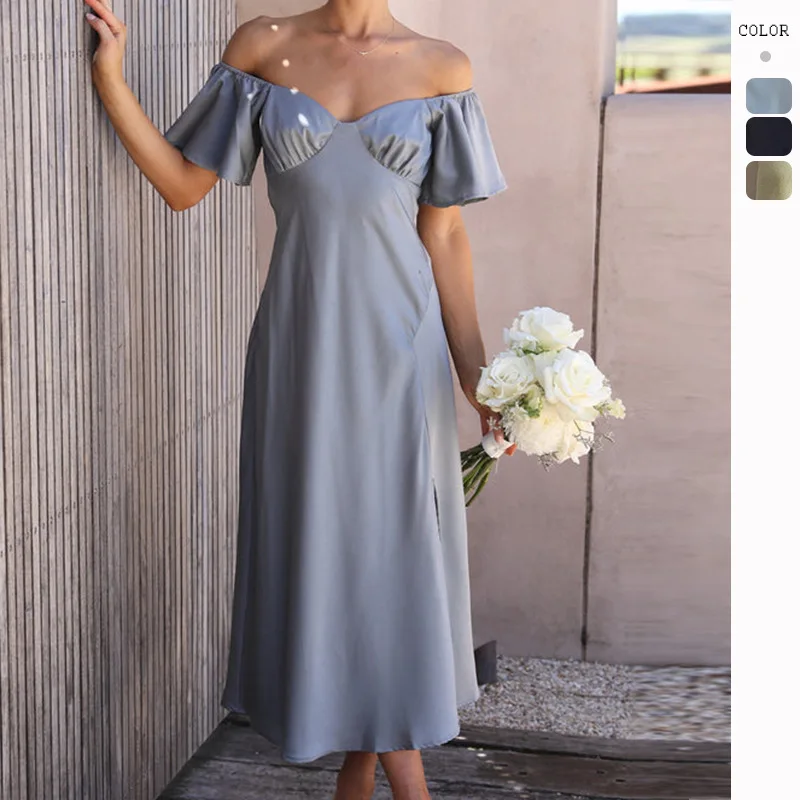 

FIGOHR Summer Women's Elegant Satin Off-Shoulder Long Dress Female French Style Buttery Sleeve Side Slit Dress 3 Color
