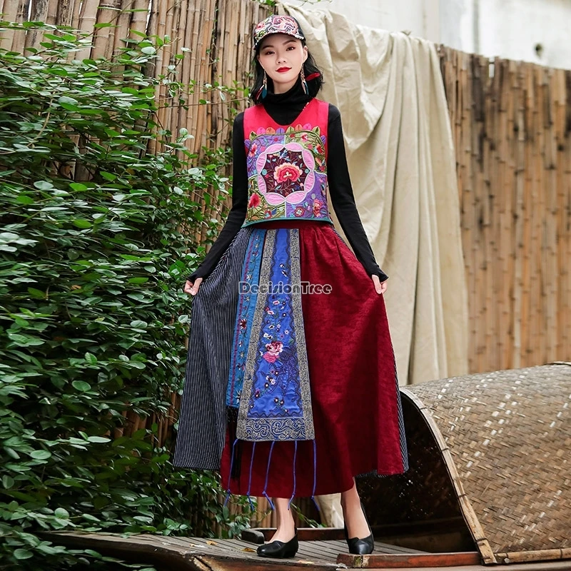 2025 النمط الصيني العرقي القطن والكتان شرابة المرقعة تصميم الرجعية التطريز hanfu تنورة مرونة الخصر تنورة سوينغ كبيرة