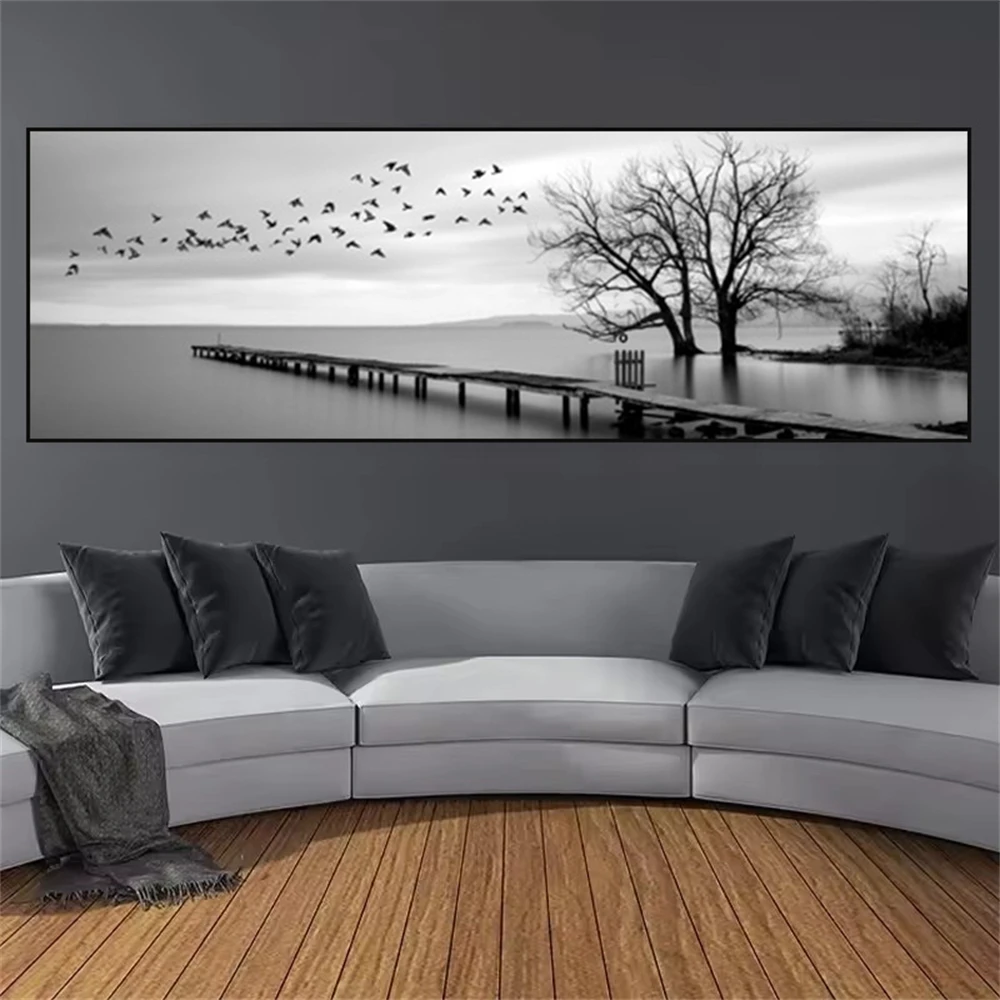 

Black And White Bridge Scenery Wall Art Canvas Painting Industrial Style Lake Birds Tree Posters And Prints Living Room Decor