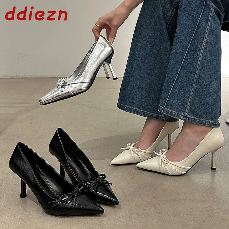 

Новые женские туфли-лодочки 2026 года с острым носком на тонком каблуке, без застежки, модные, с бантом-бабочкой, для вечеринок, женские туфли на высоком каблуке