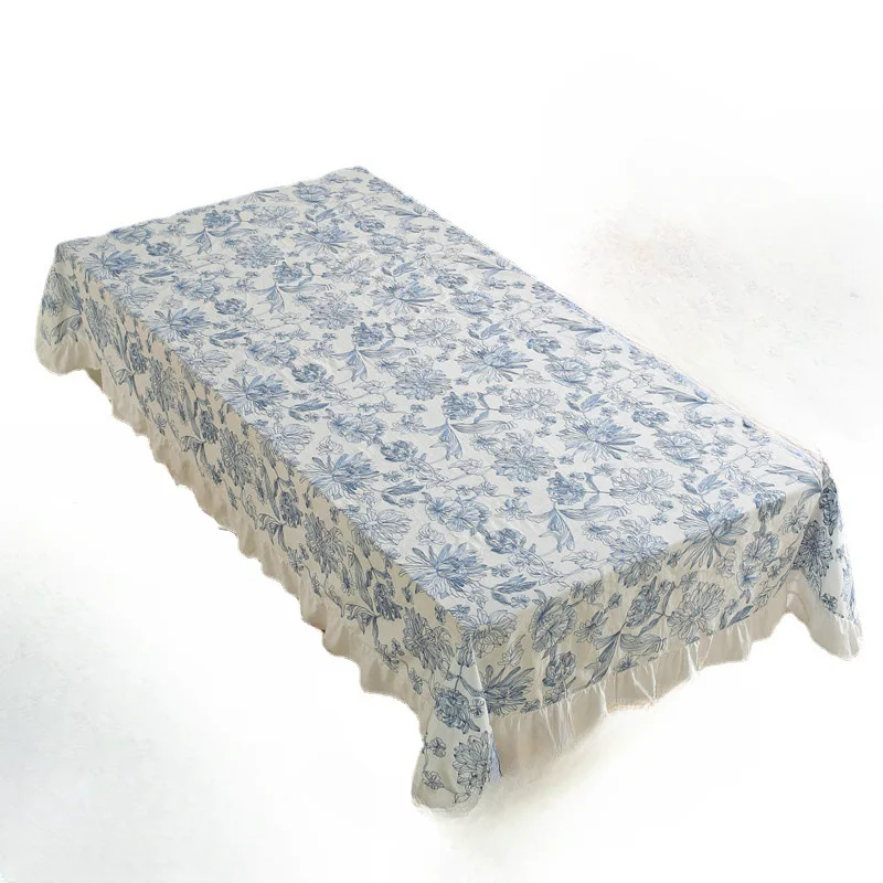 Blue and White Porcelain All Cotton Embroidered Tablecloth Waterproof and Oil Resistant Lotus Leaf Edge Tea Table Tablecloth