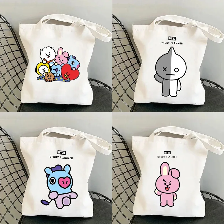 Kawaii Bt21 Anime Canvas Bag Capacity Student Class Bag Cute White Shopping Shoulder Bags Umbrella Water Cup Bag Girl Gift