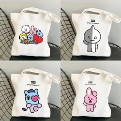 Kawaii Bt21 Anime Canvas Bag Capacity Student Class Bag Cute White Shopping Shoulder Bags Umbrella Water Cup Bag Girl Gift