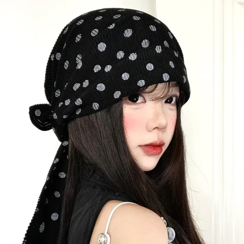 Korean Ins Retro Polka-dot Strap Headscarf Hat for Women Spring and Summer Street Trend Versatile Niche Design Y2K Beanies