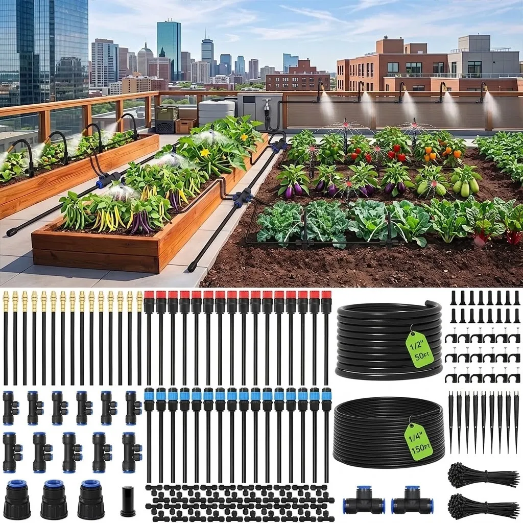Watering Misting Kit 360 Adjustable Drip Irrigation System With 3 Spray Nozzle Types For Garden Raised Bed Lawn And Greenhouse