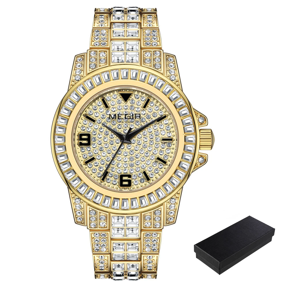 MEGIR Quartz Watch for Men Luxury Diamonds Golden Watch Man Waterproof Rhinestone Wrist Watch Business Men's Steel Band Watches