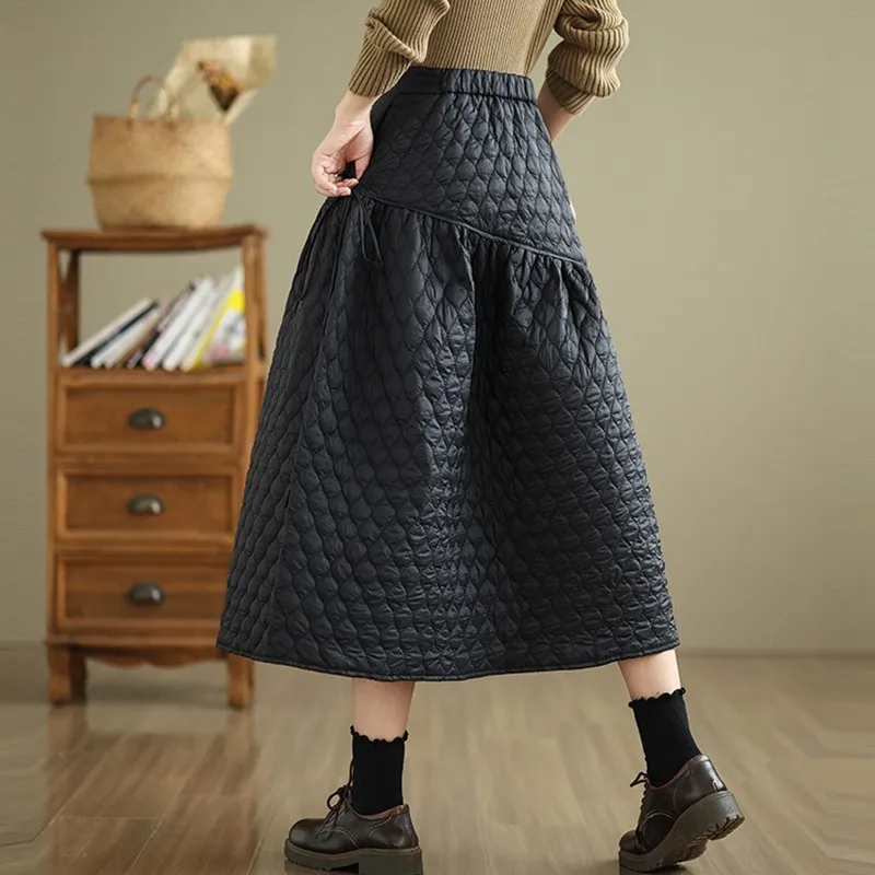 High Waist Long Skirt Women New Arrival 2024 Autumn Vintage Style Solid Color Basics Female Quilted Warm Casual Skirts B2019